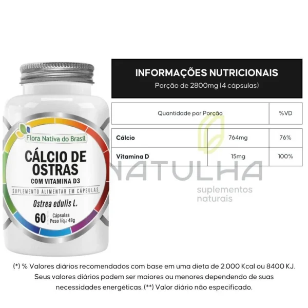 Cálcio de Ostras + Vitamina D3 60 cápsulas - Flora Nativa - Imagem 2